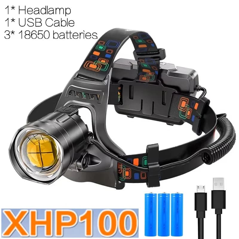 Superjasna latarka czołowa XHP100 USB 18650 wodoodporna 🔦